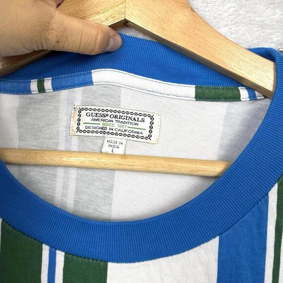 Y2K Guess Originals Striped T-Shirt Blue Green White Size L Embroidered Logo VTG - Picture 5 of 7